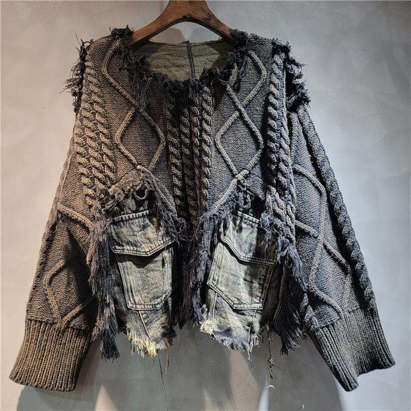 Women Irregular Do Old Pullover Patchwork Pockets Design Vintage Washed Denim Sweater