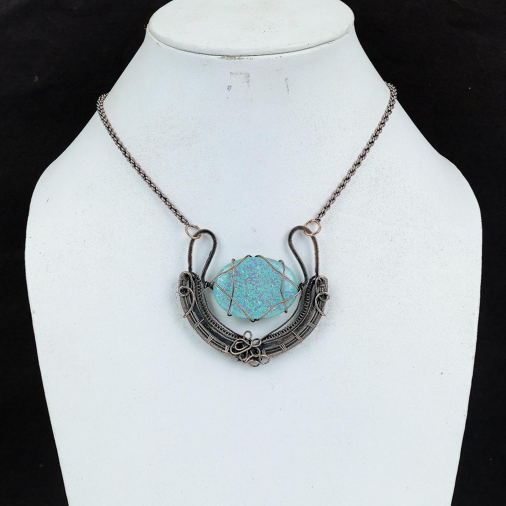 Blauer Australischer Opal Edelstein Handgemachte Kupferdraht Wickelschmuck Designer Halskette für Sie