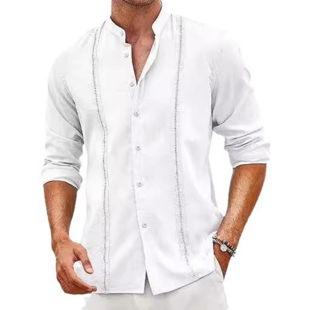 Men's Cotton and Linen Solid Color Casual Long Sleeved Shirt