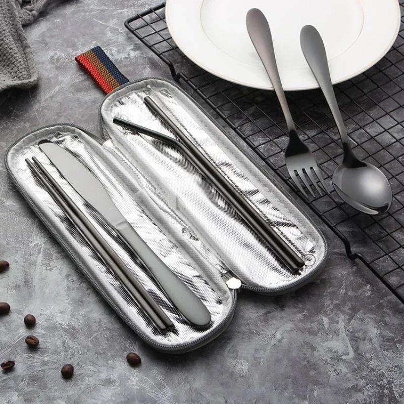 Tableware Reusable Travel Cutlery Set Camp Utensils Set with Stainless Steel Spoon Fork Chopsticks Straw Portable Case