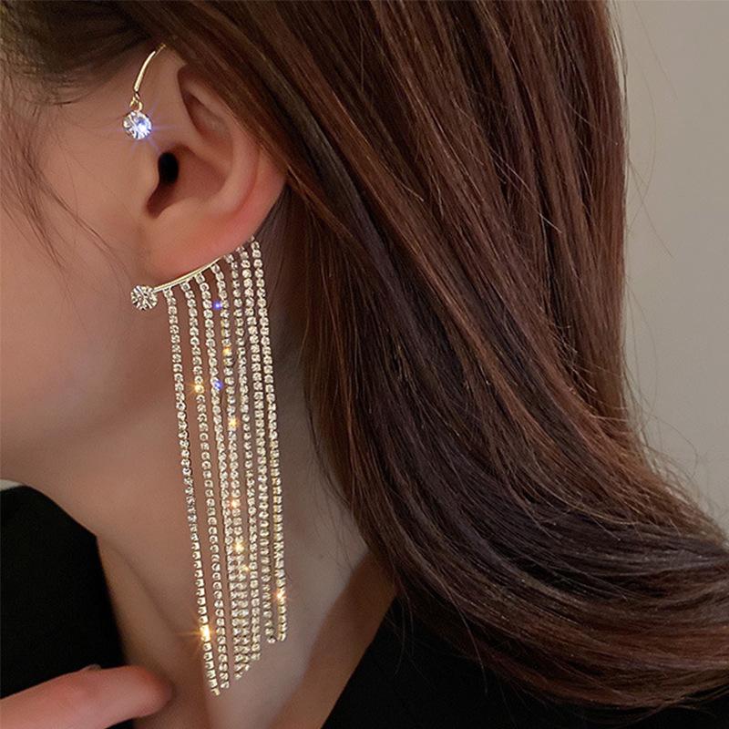 Ny Luksuriøs Skinnende Zirkon Rhinestone Lang Duskel Øreklem Ørepynt Øremansjett Utsøkt Ørepynt Bryllupsfest Zirkon