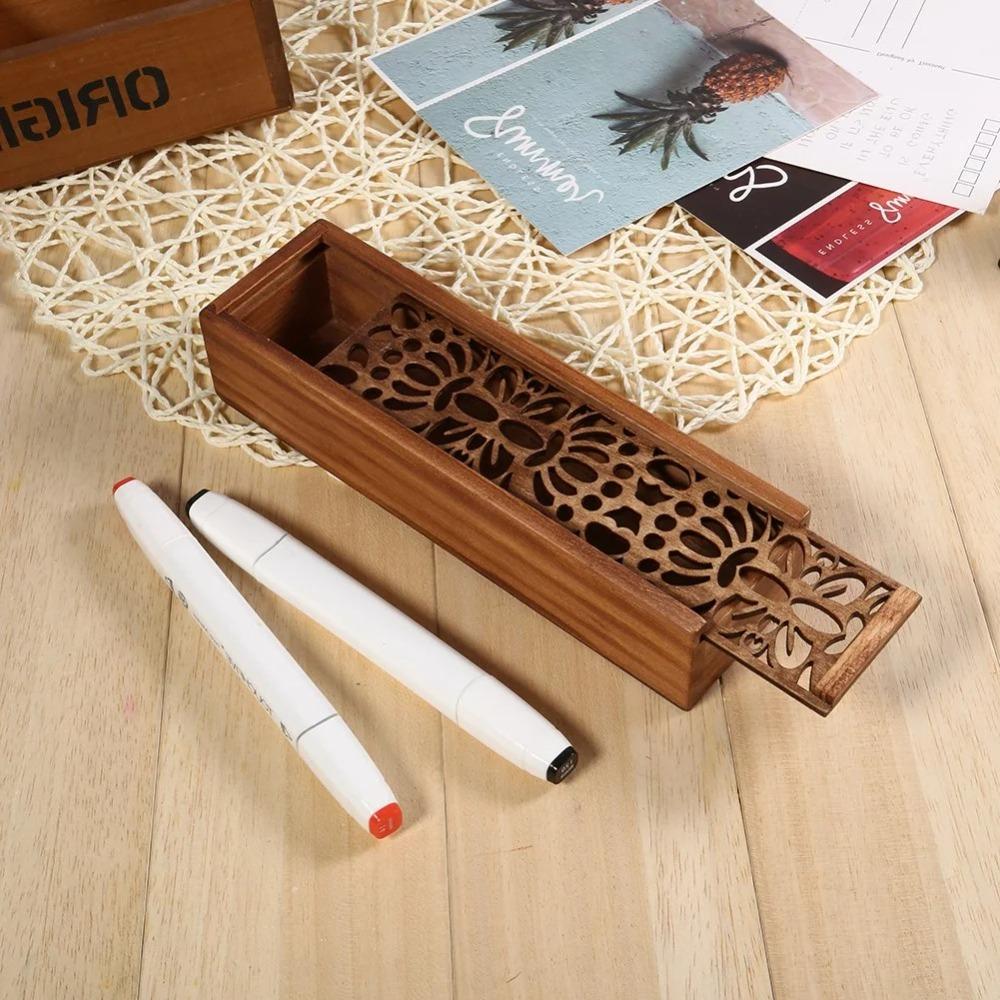 Retro Wooden Pencil Box Hollow Pencil Case Unique Stationery Box  Desk Storage Accessories