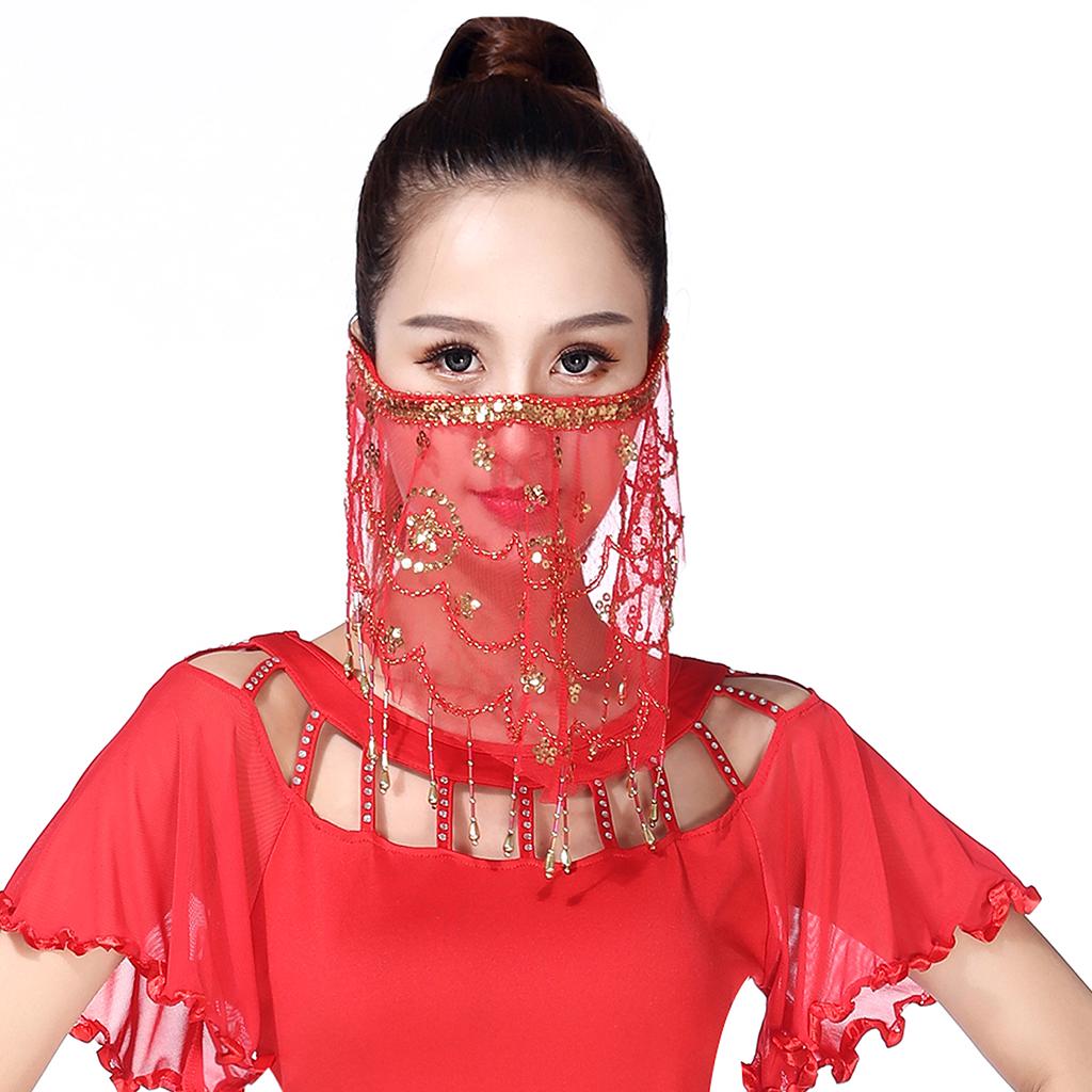 Buy Lady Belly Dance Beaded Sequins Face Veil Halloween Costume Accessory Red at affordable