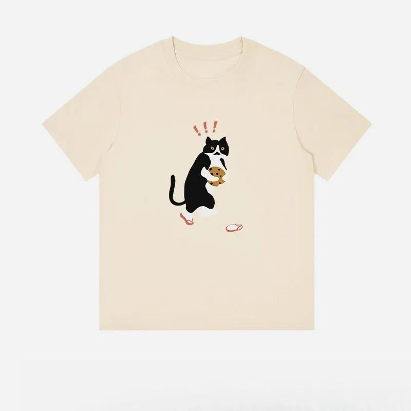 Summer Short Sleeve Fun Cat Couple Printed Half Sleeve Casual Loose Heavy TShirt Round Neck Casual Short Sleeves Plus Size Loose