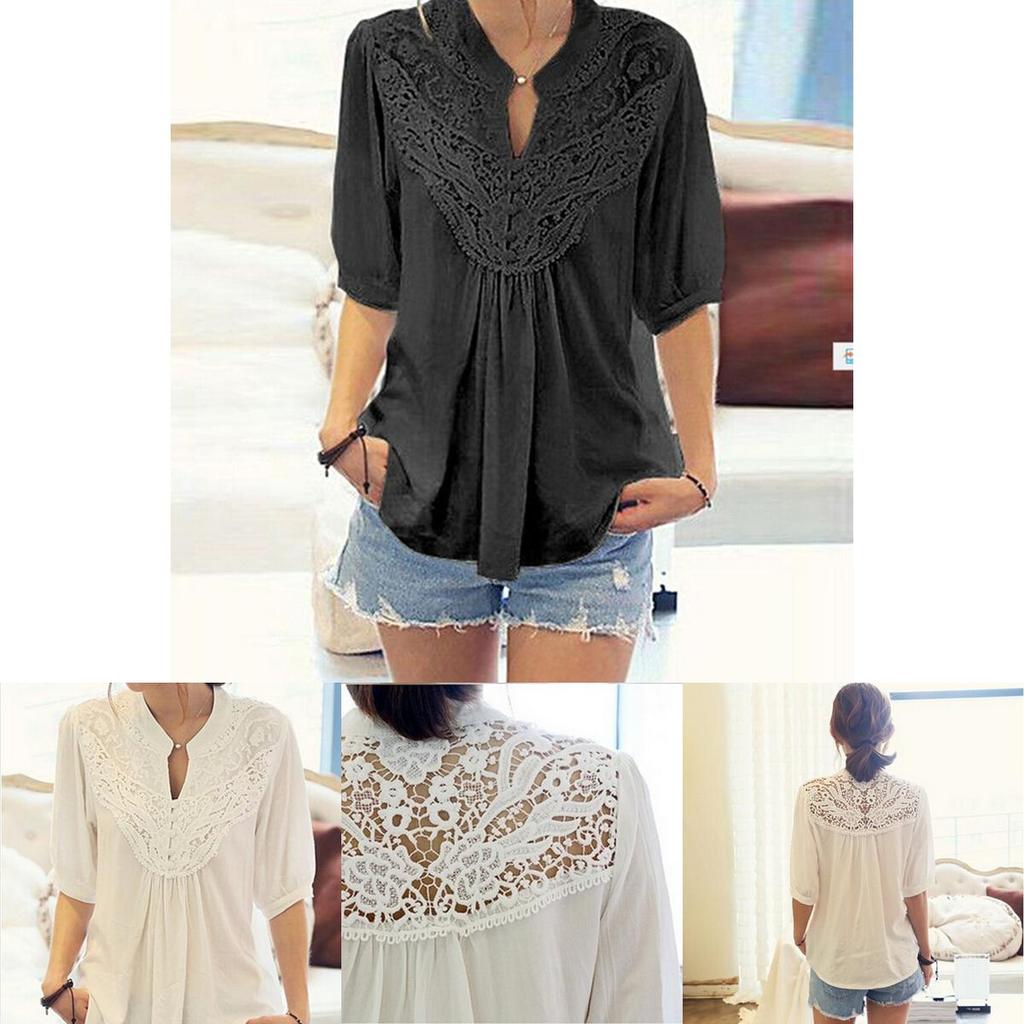 Ladies Hollow Blouse T Shirts Tops Lace Tunic Top Shirt Freesize Chiffon