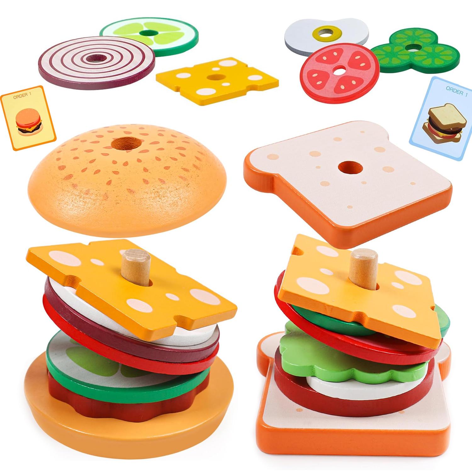 Wucifang Bags Wooden Burger Sandwich Stacking Playthings Ideal For Toddler Children Preschool Learning Learning Playthings Pretend Play Food Kitchen Playthings