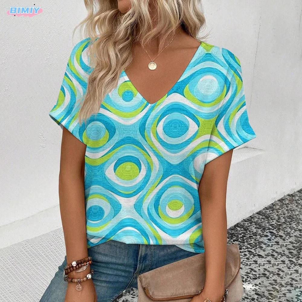 

2025 Ретро-футболка с принтом в виде точек, модная женская футболка для отдыха с коротким рукавом, женская футболка с V-образным вырезом, женская летняя футболка 5XL