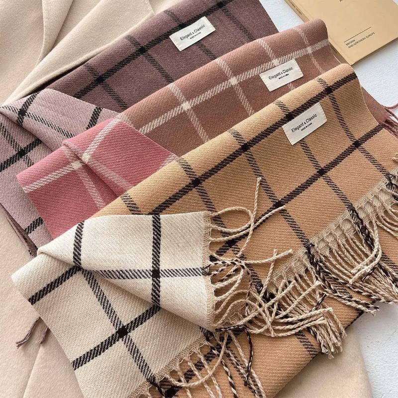 Checkered Imitation Cashmere Warm and Tassel Simple and Luxurious Style Scarf for Autumn and Winter