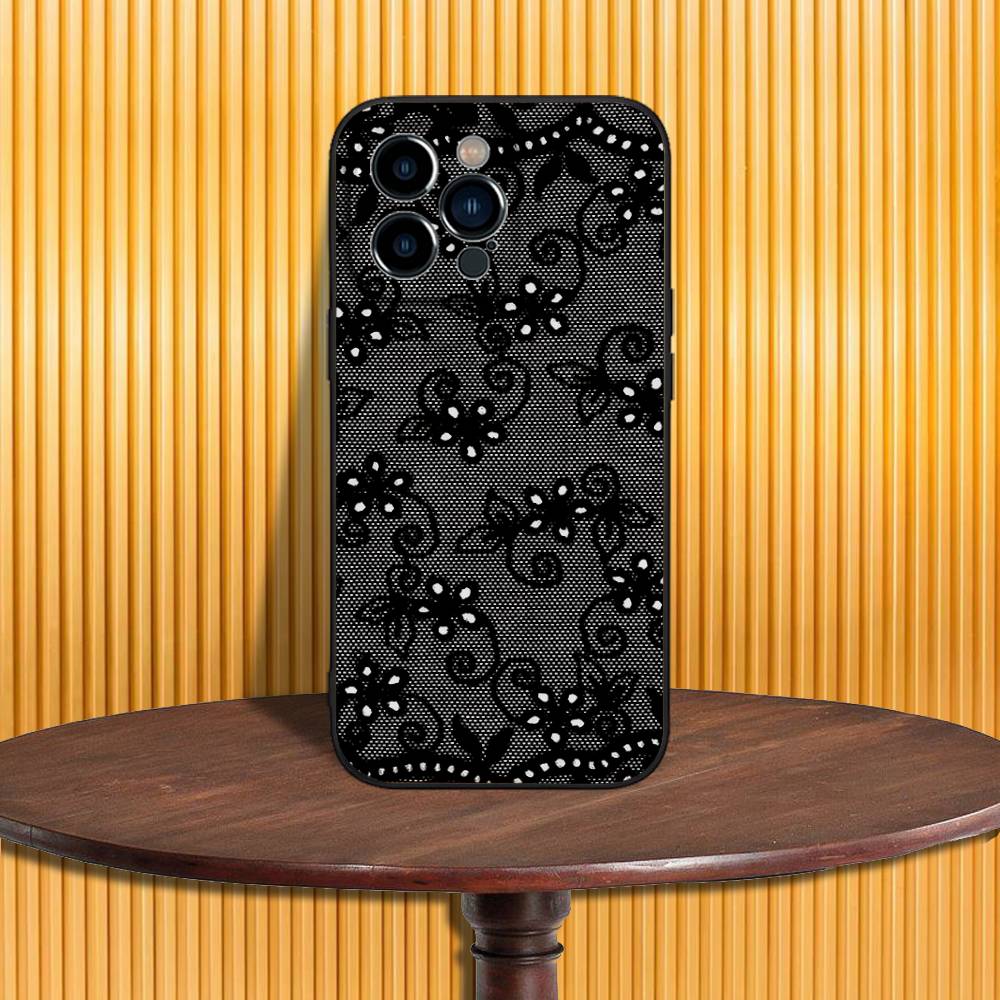 Lace Print Pattern Phone Case For iPhone 17,16,15,14,13,12,11,Pro,Max,Plus,X,XS,SE4,E,Mini,Soft Black Case