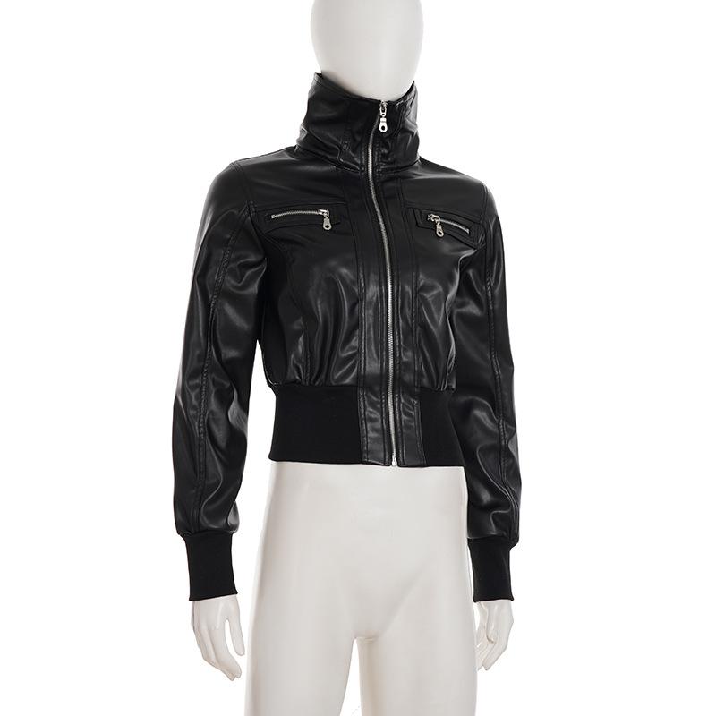Damen Kunstlederjacken Gothic Amerikanische Vintage Mäntel Damen Stehkragen Schlank Streetwear Harajuku Kurze Jacke Reißverschluss Oberteile