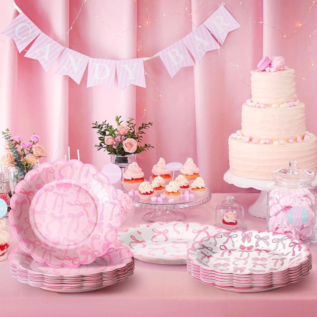 100 Pcs Pink Bow Paper Plates 7'' Disposable Paper Plates Pink Coquette Bow Dessert Set for Girl Bachelorette Bridal Engagement Baby Shower Birthday