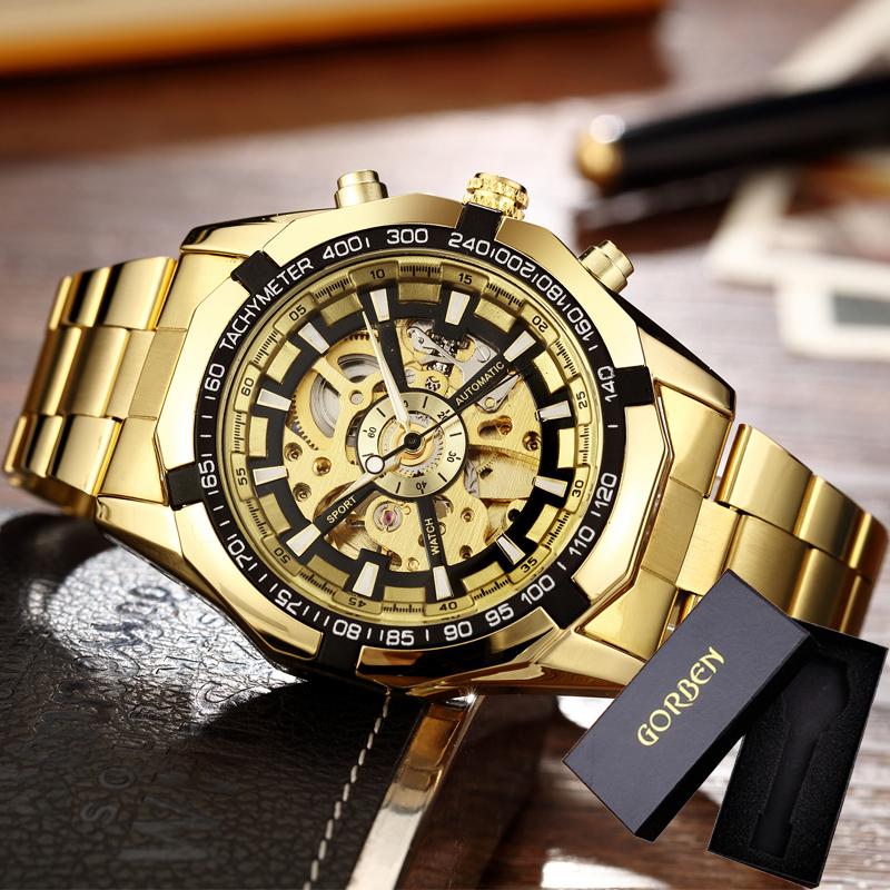 Luxury Silver Gold Automatic Mechanical Watch For Men Full Steel Skeleton Wristwatch Clock Over-sized Big Dial Relogio Masculino