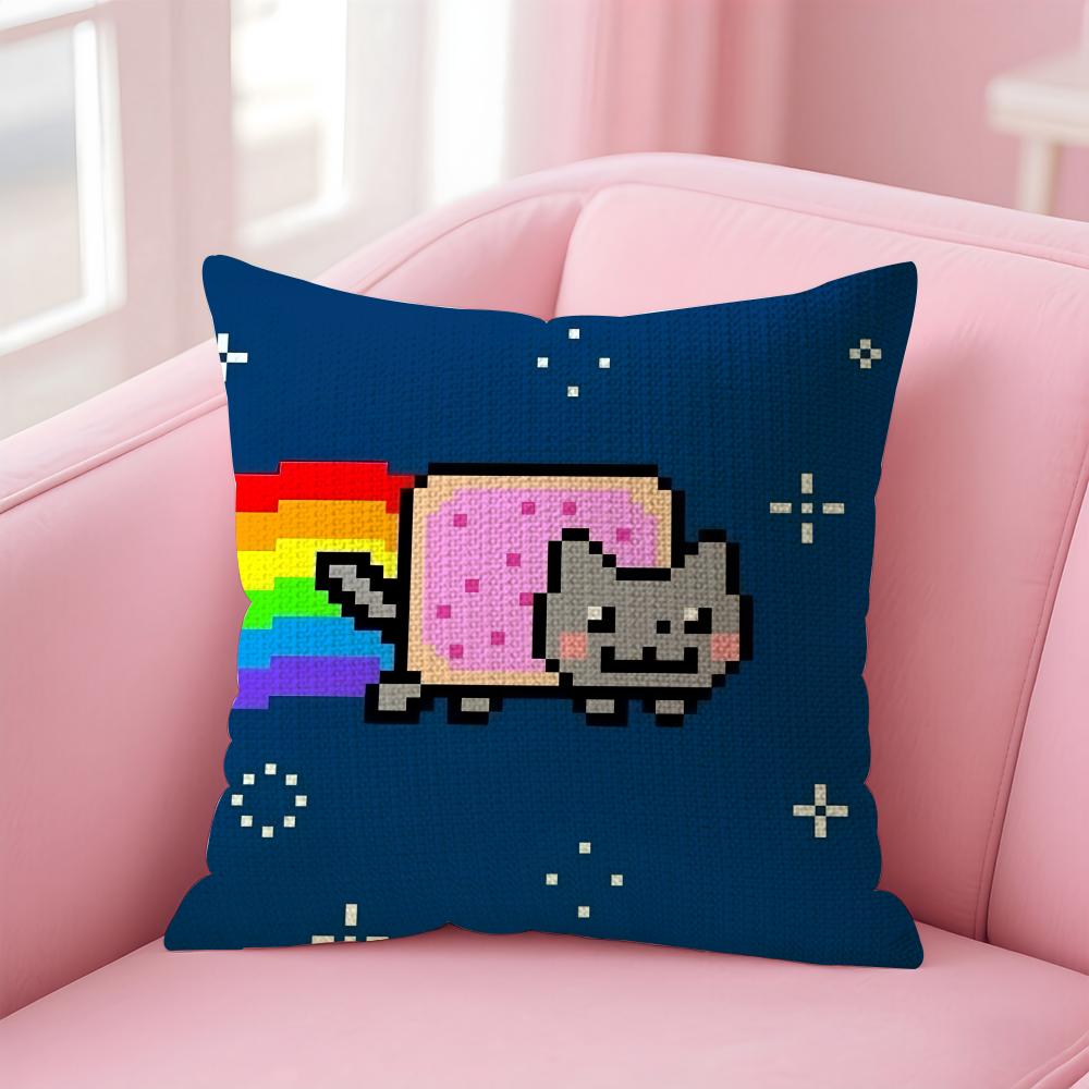 Cute Cat NNyan Cartoon Cushion Cover Natural Linen Pillow Case DoubleSided Print Decorative Sofa Pillowcase Home Decor Gift