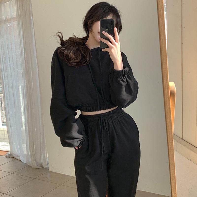 Korean Chic Long-Sleeve Hooded Sweatshirt + High-Waisted Jogger Pants Set