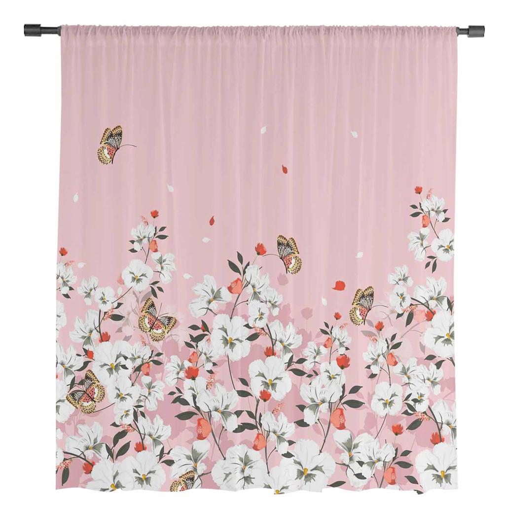 Pink Flower Plant Butterfly Tulle Sheer Curtains For Living Room Bedroom Kitchen For Windows Voile Drapes Home Decoration