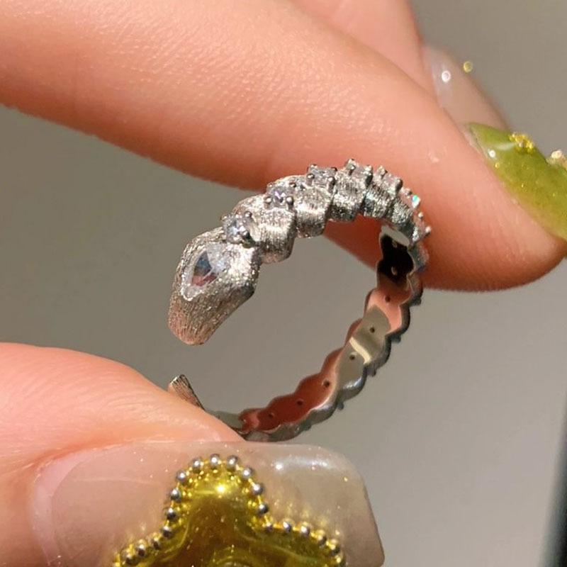 Brushed Little Spirit Snake Diamond-Studded Open Ring - Cool Minimalist Fashion for Women Adjustable Open