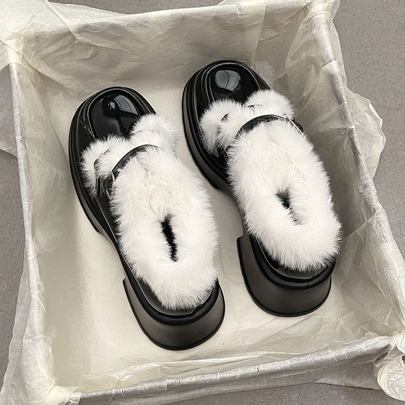 British Style Small Leather Shoes Women's 2025 Autumn and Winter New Thick-soled Heightening Velvet Mary Jane Shoes Cotton Shoes Fluffy Shoes