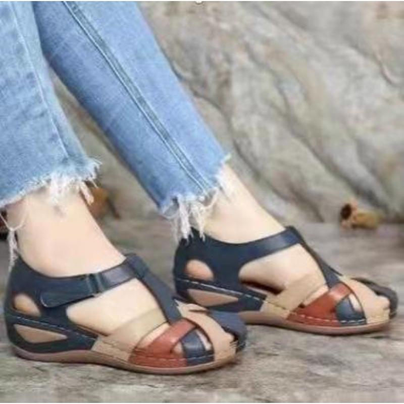 Summer new large size retro round head wedge heel women's shoes cross buckle women's sandals