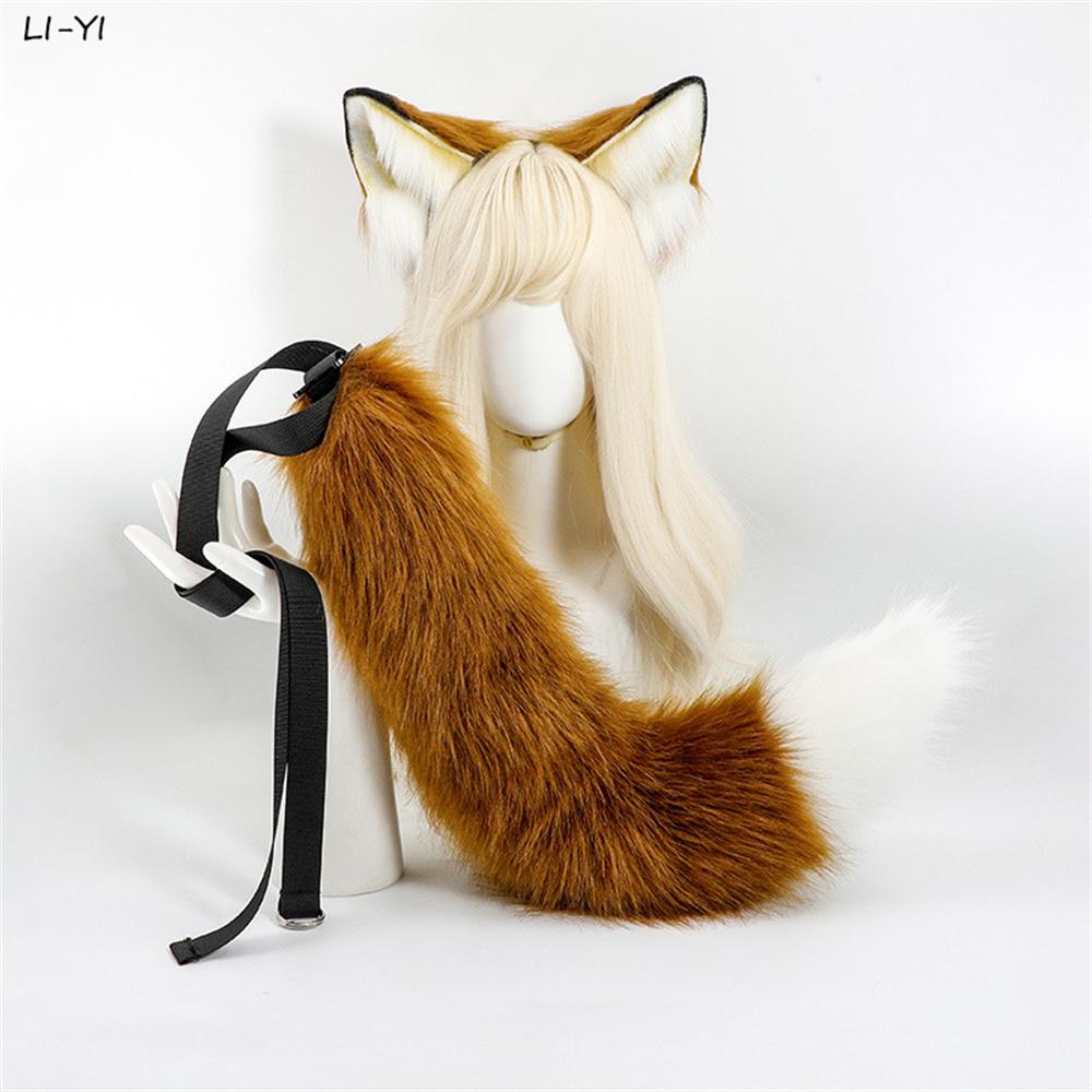 2 Stück/Set Plüschfuchs Tierohren Haarband Tierischer Schwanz Mehrfarbig Fuchs Schwanz Cosplay Performance Requisiten Cosplay Zubehör Set ear tail beige
