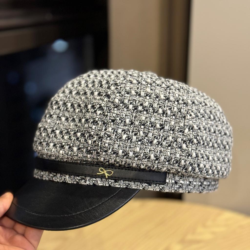 Autumn and Winter Tweed Leather Brim Octagonal Hat Three Dimensional and Stylish Newsboy Hat Elegant Peaked Hat Beret Trend