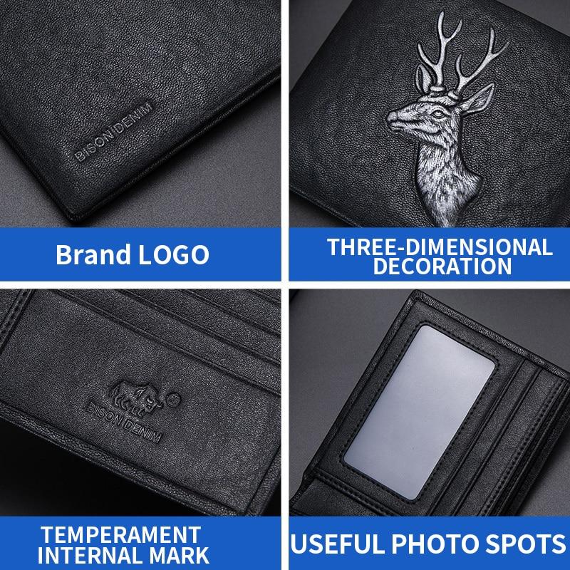 BISON DENIM Men's Short Wallet Genuine Leather Business Card Holder Wallet Purse