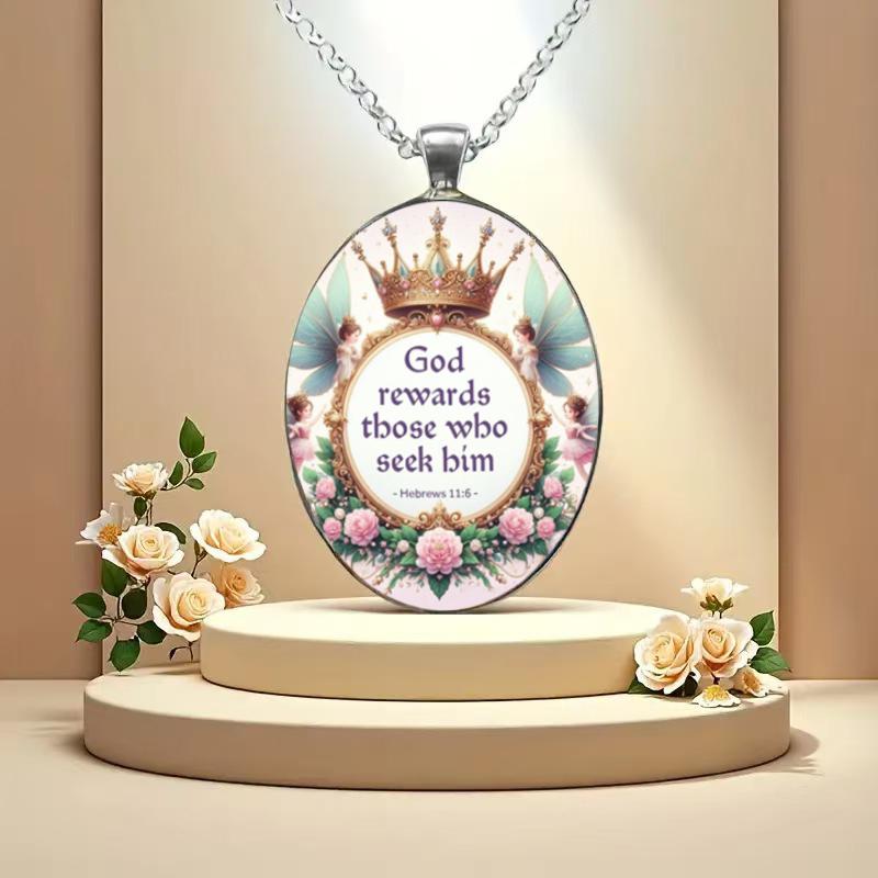 A Christian faith reminder pendant necklace. Hebrews 11:6 God rewards those who seek him. Time gem suitable for men and women to wear as a gift.