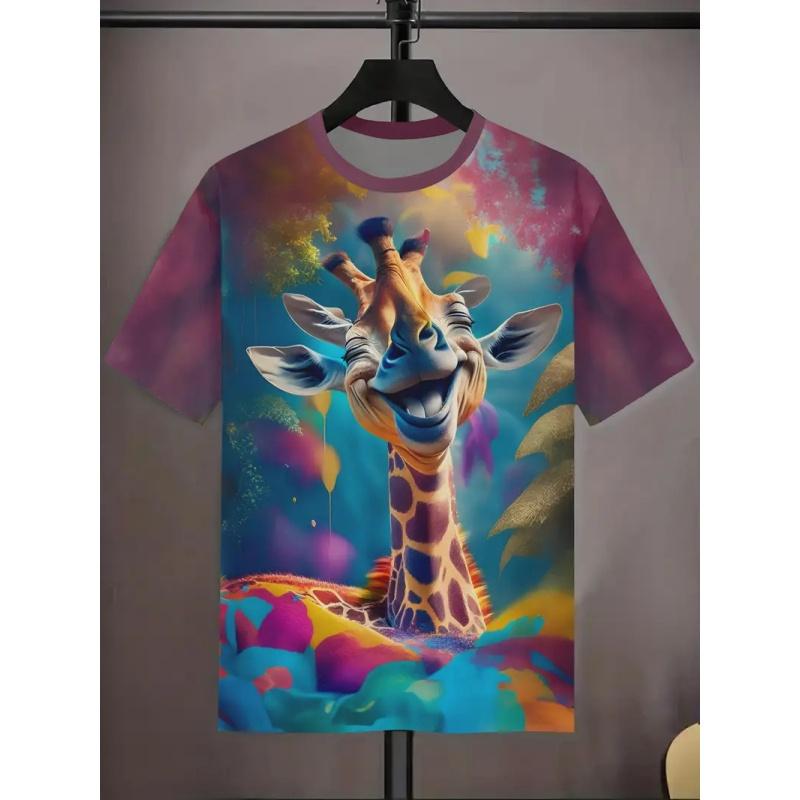 Summer Round Neck Colorful Animal Giraffe Pattern 3D Print Top Fashionable Casual Short Sleeved Men's T-shirts