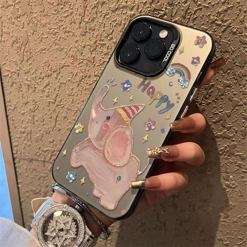 iPhone 16/14 ProMax, 12, 13, 11, 15 Case: Oil Painting Little Elephant Design, Silver