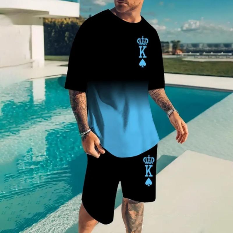 Summer Fashion Casual Men's Suit Gradient 3D Printed Sportswear Short-sleeved Suit Oversized Round Neck T-shirt Shorts 2-piece