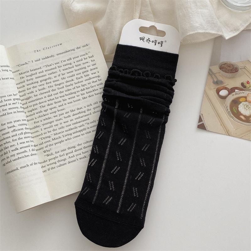 

Ballet-style Hollowed-out Striped Socks for Women In Summer, Thin Mesh Breathable Mid-calf Socks, Sweet Black Fungus Lace Pile Socks 1 pair чорний
