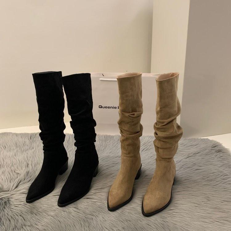 High-heeled Suede Western Medium Boots Women's Shoes New Autumn and Winter Velvet Pointed Pile Long Tube Knight Boots