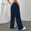 Women Cargo Pants Elastic Waist Adjustable Drawstring Straight Wide Leg Trousers Solid Color Sport Long Pants