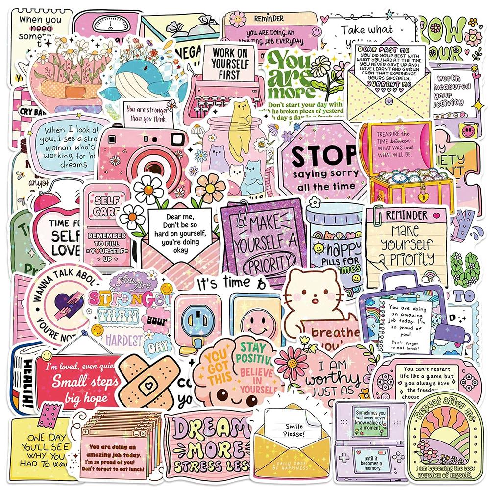 10/30/50 шт. Забавные Мультяшные Лазерные Вдохновляющие Цитаты Эстетичные Наклейки DIY Багаж Телефон Скрапбукинг Водонепроницаемый Милый Набор Наклеек