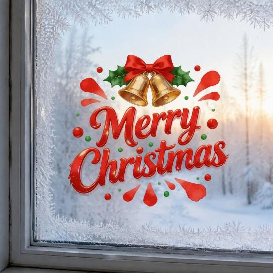 Festive Mirror Decorations Merry Christmas Static Glass Sticker, Window Decals with Bell Wall Stickers Elements, Removable Clings for Home Store