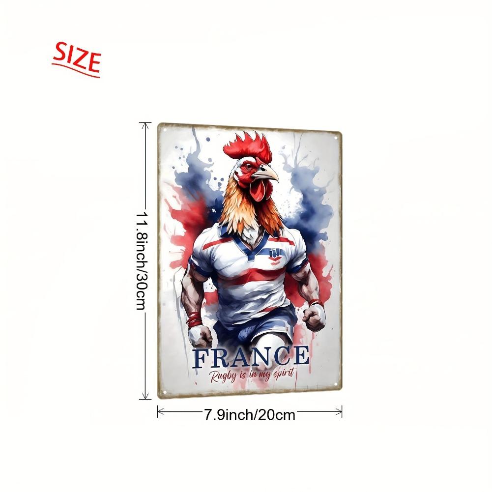 2D Flat, 1pc Vintage French Rugby Metal Wall Art Sign - 8x12 Inch Iron Rooster In France Jersey with Graffiti Background