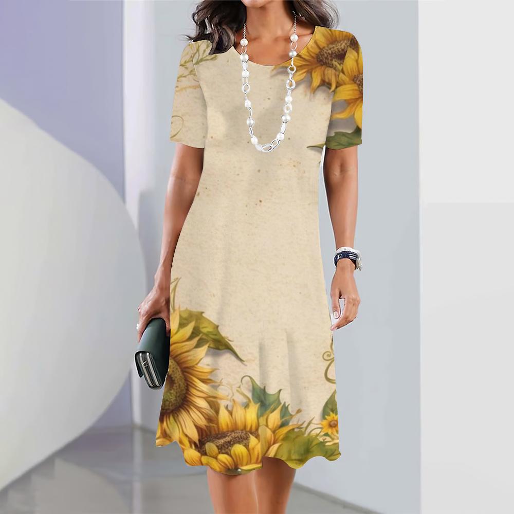 New Sunflower Print Women's Dresses Female Elegant Midi Dresses Summer Plus Size Short Sleeve Dress Fashion Women's Clothing