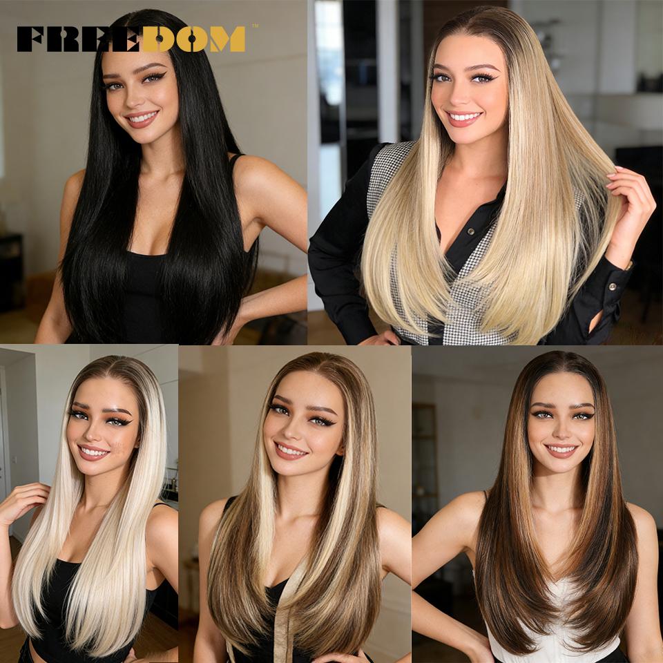 FREEDOM Synthetic Lace Front Wigs For Women 9x6 Pre Plucked Straight Layerd Wig 24" Ombre Blonde Pre Cut Wear And Go Lace Wigs
