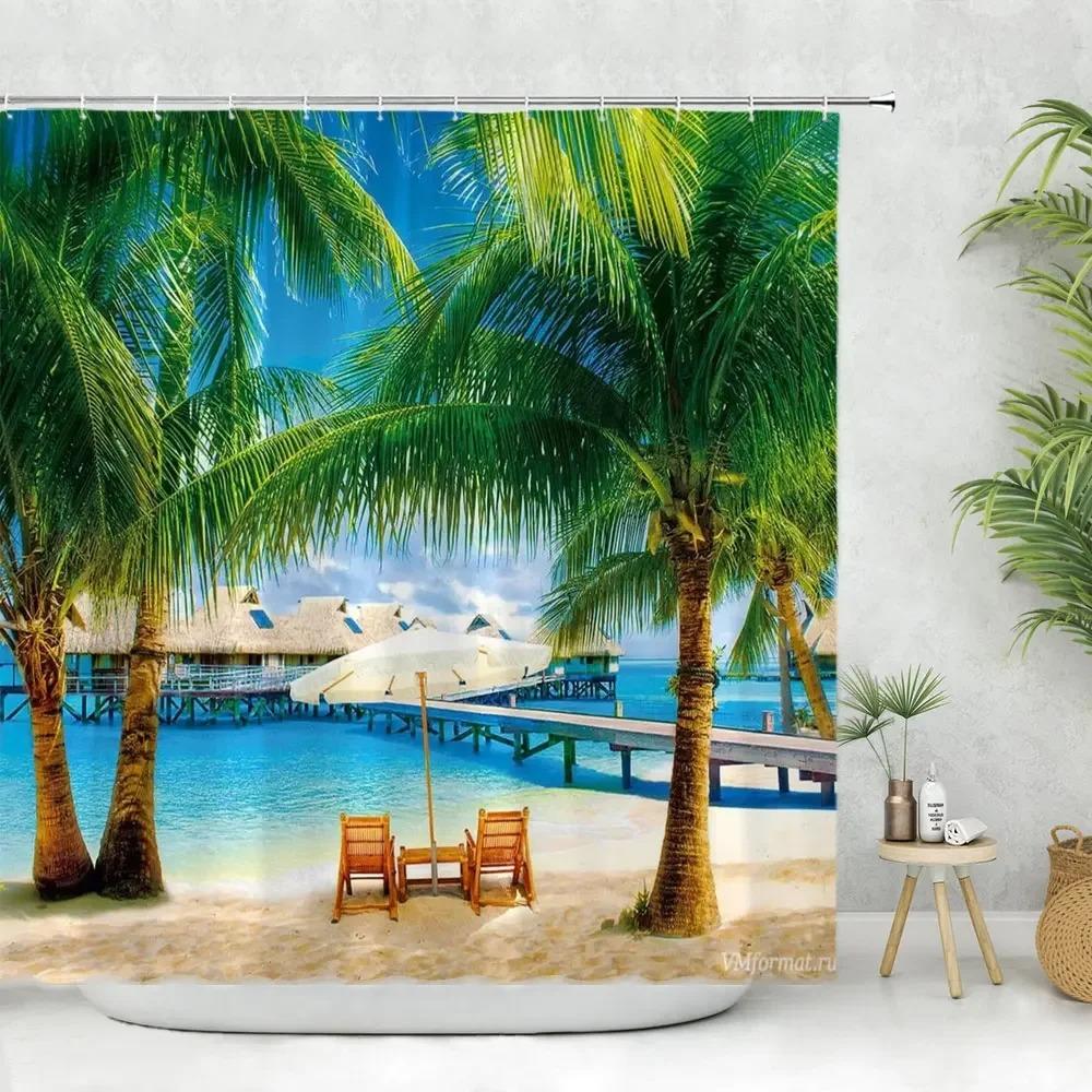 Paesaggio Marino Tenda da Bagno Doccia Tenda da Doccia Tropicale Oceano Spiaggia Foglia di Palma Lavabile Tende da Bagno Tessuto in Poliestere Decorazione per la Casa