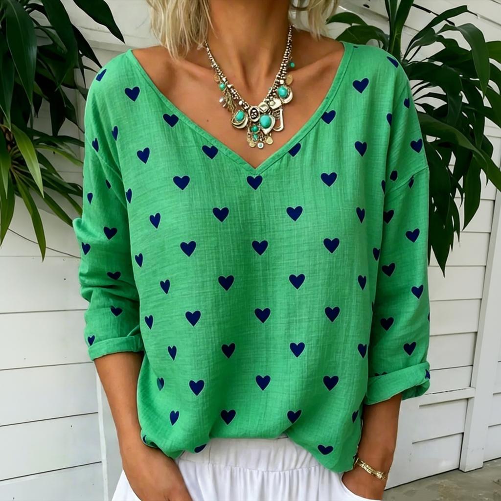 Women's Casual Loose Fit Long Sleeve V Neck Top Heart Print Cotton Linen Blouse Lightweight Breathable Comfortable Fabric