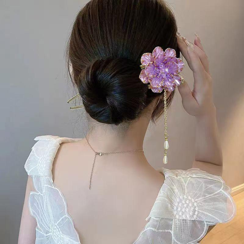 

Exquisite Crystal Flower Hair Stick Pin Luxury Tassel U-shaped Hair Clip Hair Pin For Women Hair Accessories French Headdress фіолетовий