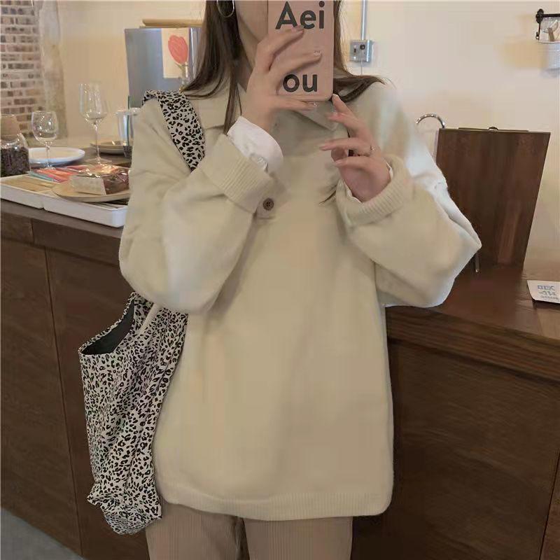 Pulôver casual malhas topo feminino 2022 novo outono e inverno solto coreano sólido manga longa camisola feminina