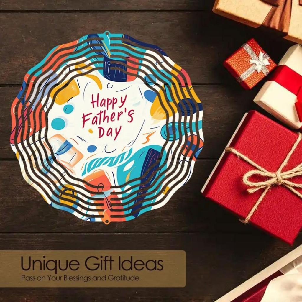 Open - 2D Mandala Wind Chime Happy Father's Day Pattern Metal Windmill, Dynamic Sculpture for Garden and Patio Hanging Decor, Durable Outdoor Artwork