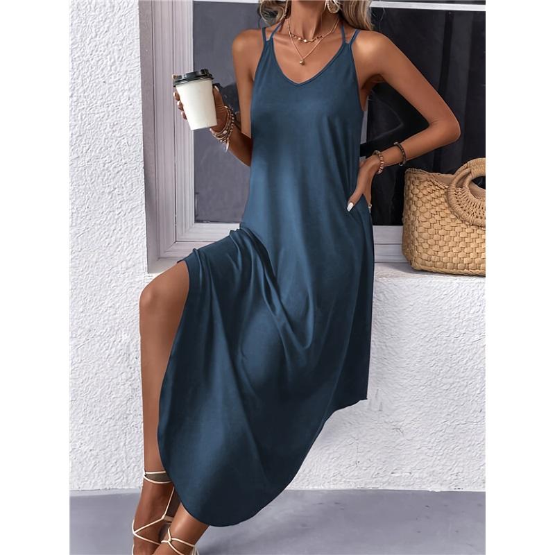 

Однотонное платье высокого класса с круглым вырезом и подтяжками, сексуальное, с бретелью через шею XXL темно-синий