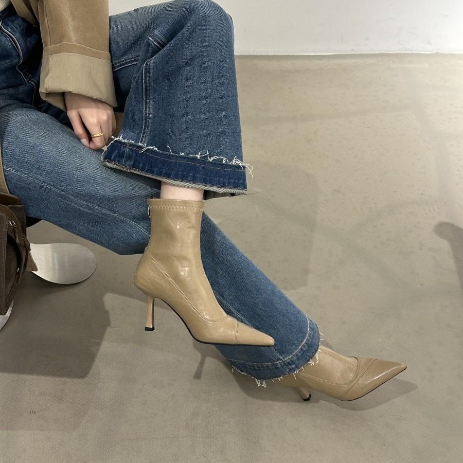 Pointed Heel High Heel Boots Pile Boots Pleated Boots Women's Medium Boots Knight Boots Western Short Boots