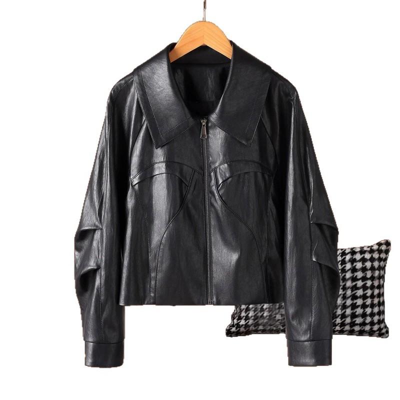 Womens Short Lambskin Leather Jacket Loose Fit Casual Chic Coat No Hood Flip Collar 2026