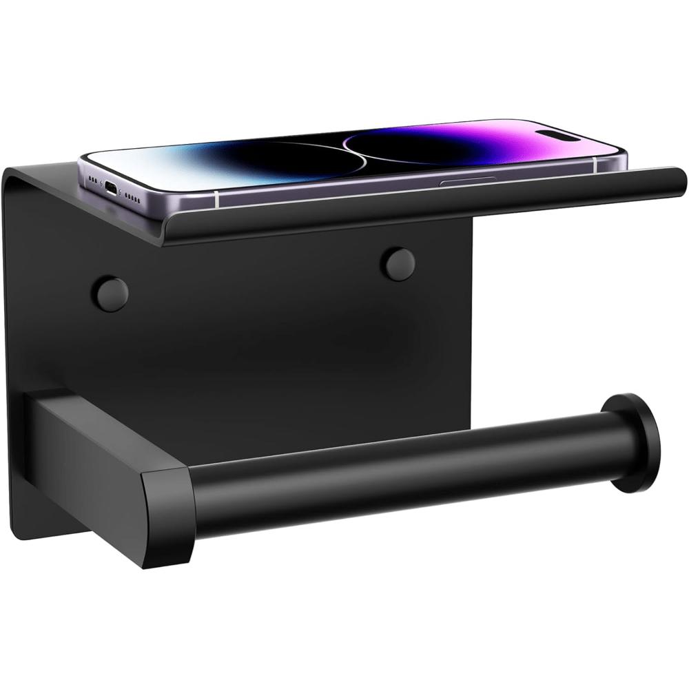 

Toilet Paper Holder with Phone Shelf, Wall Mount Toilet Tissue Roll Holder, Rustproof & Multifunctional Stainless Steel Bathroom Storage Dispenser чёрный