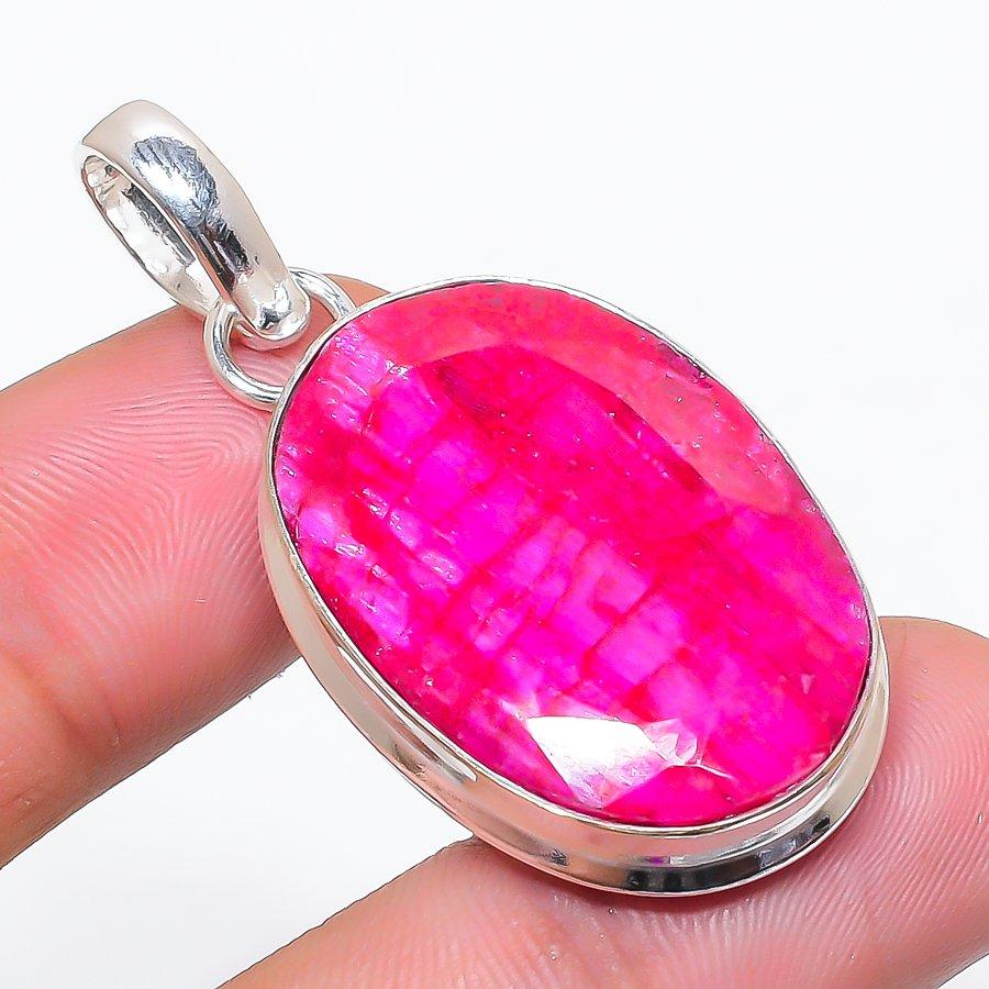 Kashmir Red Ruby (Simulated)Gemstone 925 Sterling Silver Jewelry Pendant 1.85" AP-14099