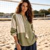 Women's Casual Striped V-Neck Blouse with Tie Front Loose Fit Retro