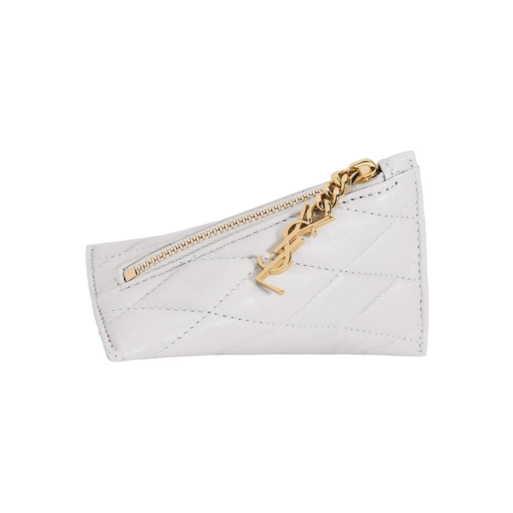 Saint Laurent Ysl Berlingo Geometric Shape Gold Logo Pendant Quilted Charm Small Lambskin Wallet Women Wallet White 669925-1EL01-9207
