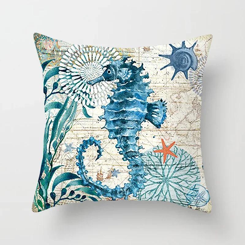 45X45CM Retro Mediterraner Ozean Druck Blau Grün Kissenbezug Heiß Meerjungfrau Fisch Kissenbezug Sofa Sitz Wohnzimmer Dekokissen